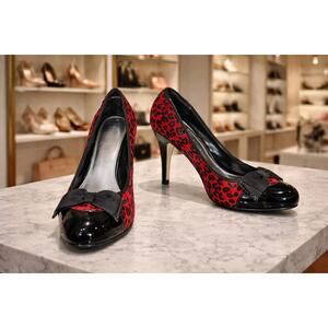 WHBM Naomi Leopard Print Pumps 7M Red Faux Hair Patent Bow Stiletto Heels Casual